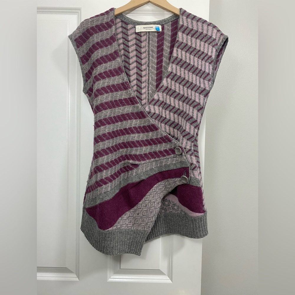 SPARROW Sweater Vest S ANTHROPOLOGIE Lambswool Wrap Chevron Sleeveless Gray